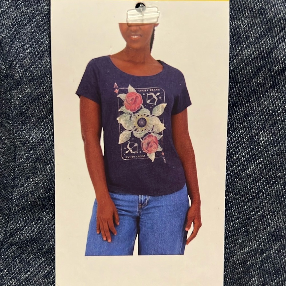 NWT Lucky Brand Women's Graphic T-Shirt, mood indigo butter soft S L